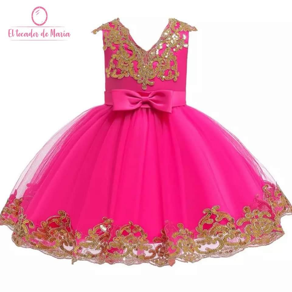 Vestido Fucsia Detalles Dorados