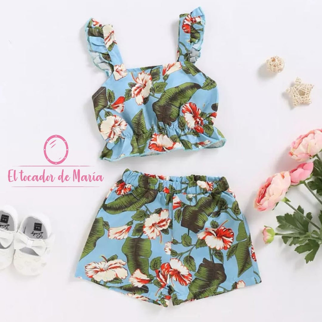 Conjunto Azul Hojas Verdes