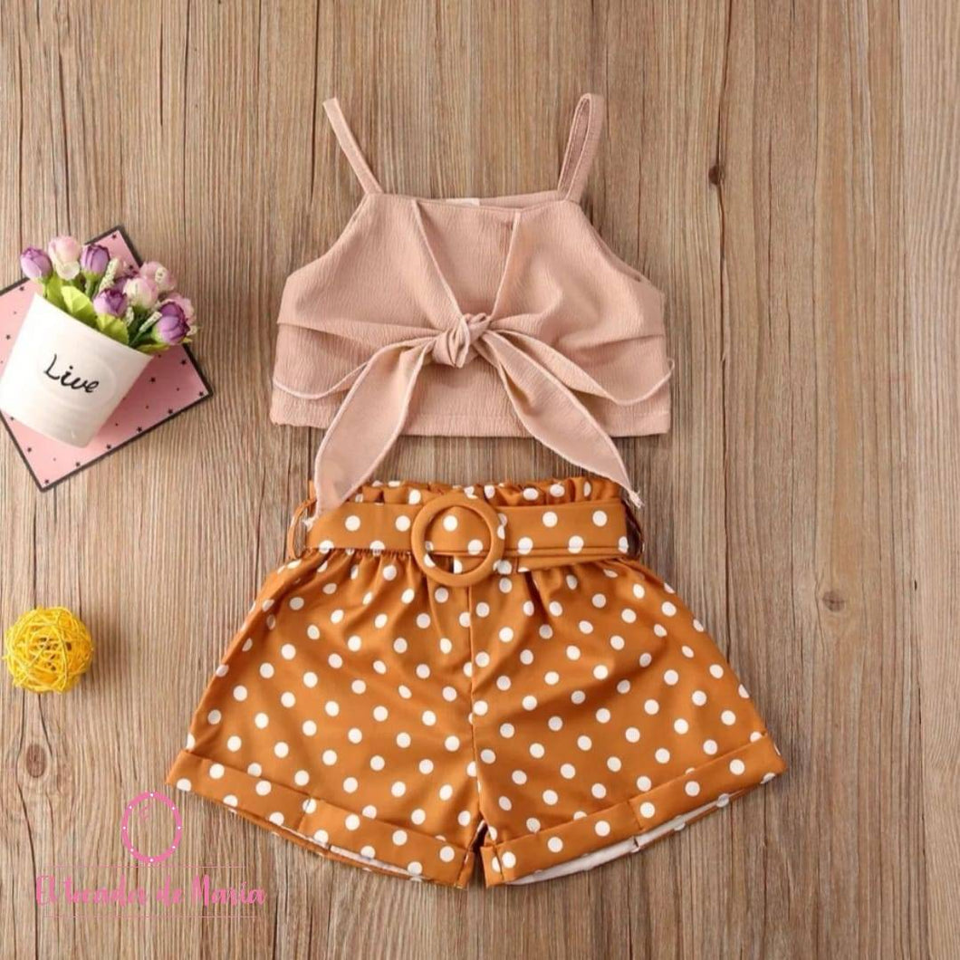 Conjunto Blusa Nude/Short Café Lunares Blancos